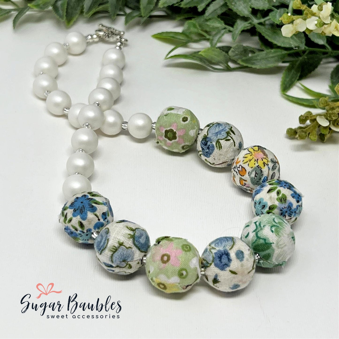 Shabby Chic Fabric Covered Beaded Necklace