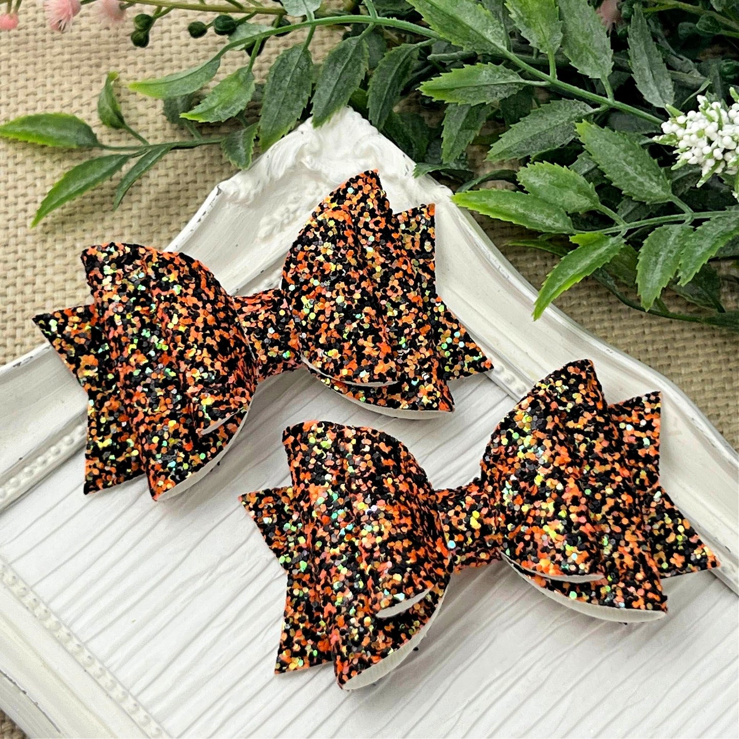 Orange and Black Speckled Glitter Bow