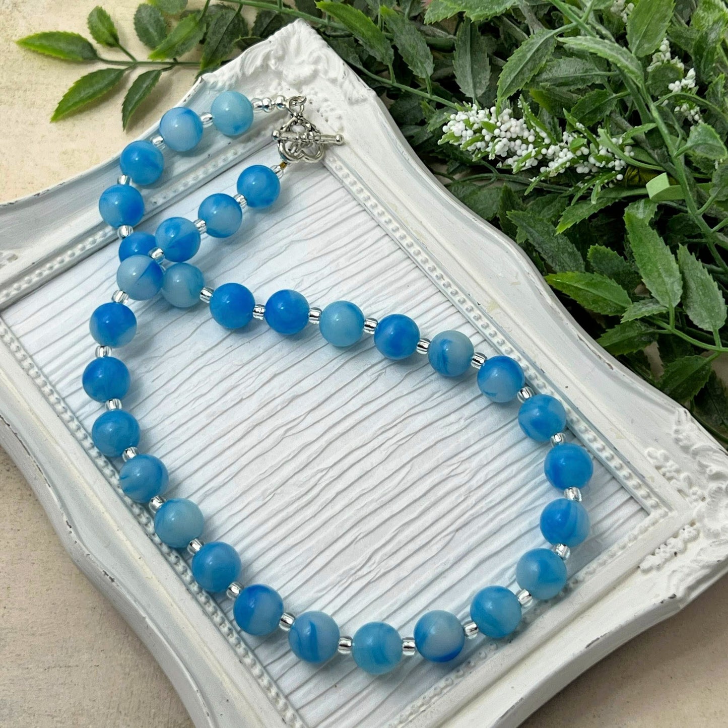12mm Light Blue Marbled Bitty Bead Necklace