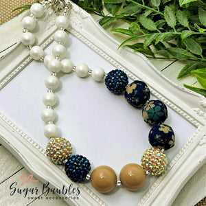 Navy and Beige Floral Fabric Necklace