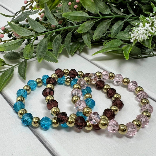 Bright Blue, Plum or Pink Crystal Bracelets (gold)