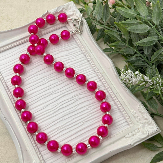 12mm Hot Pink Pearl Bitty Bead Necklace