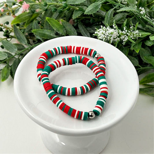 Red, White, Green Stripe Heishi Bead Bracelet