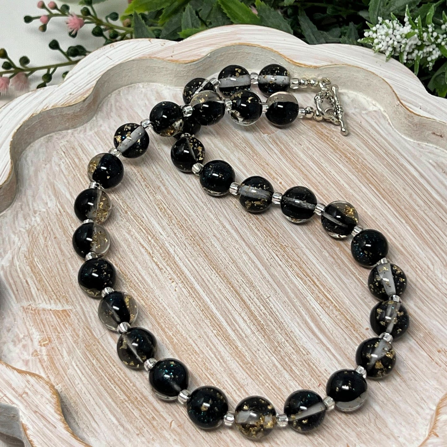 Black with Gold Flake Bitty Bead Necklace