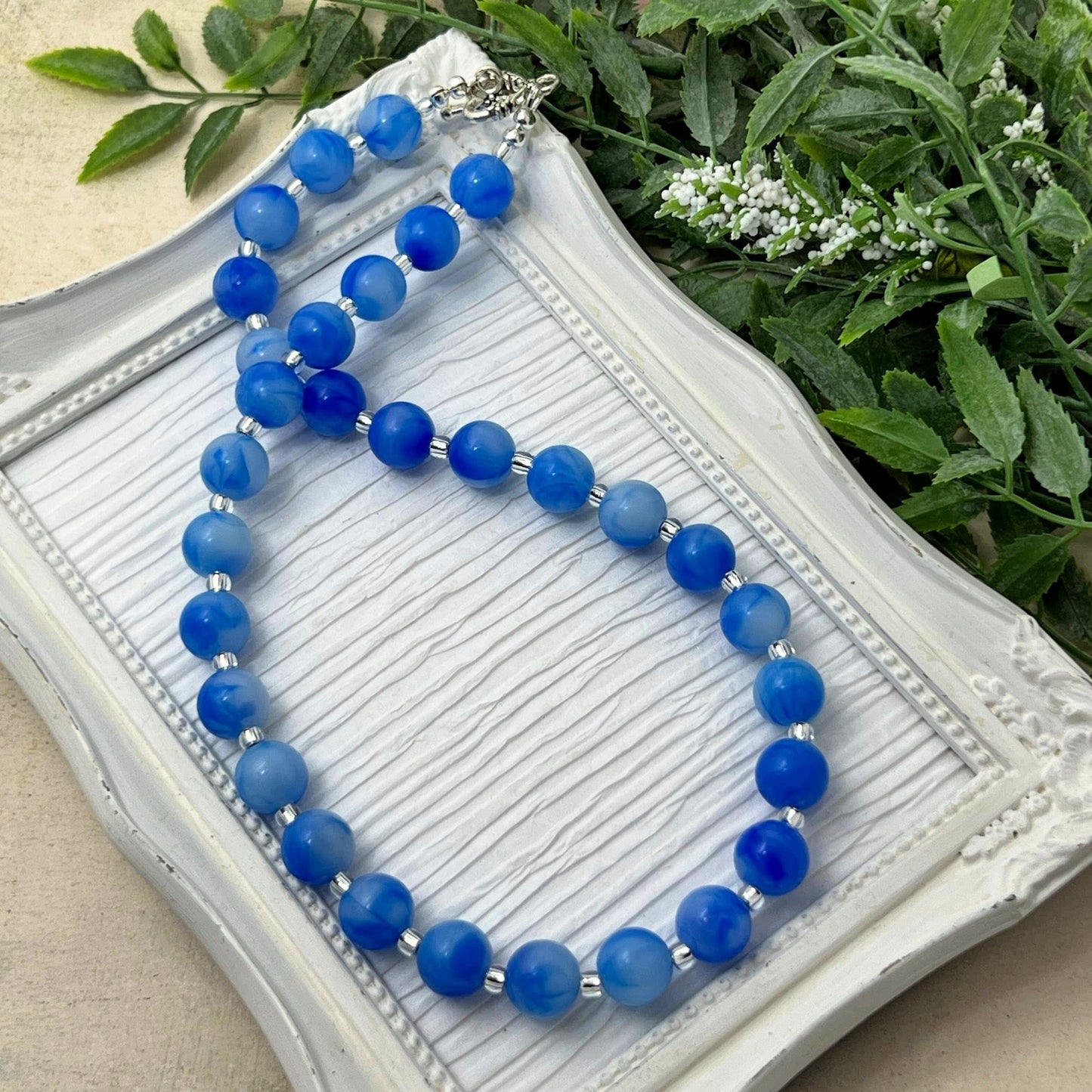 12mm Royal Blue Marbled Bitty Bead Necklace