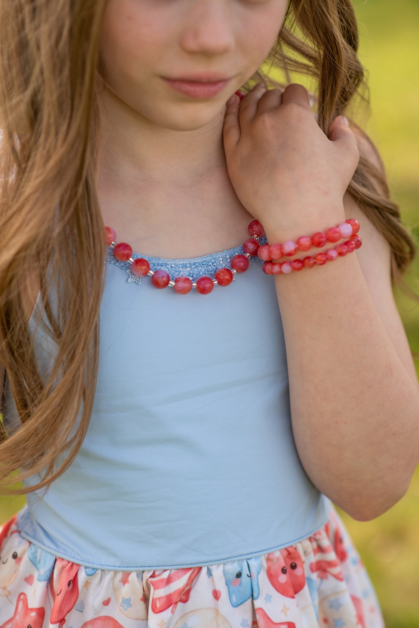 12mm Red Marbled Bitty Bead Necklace